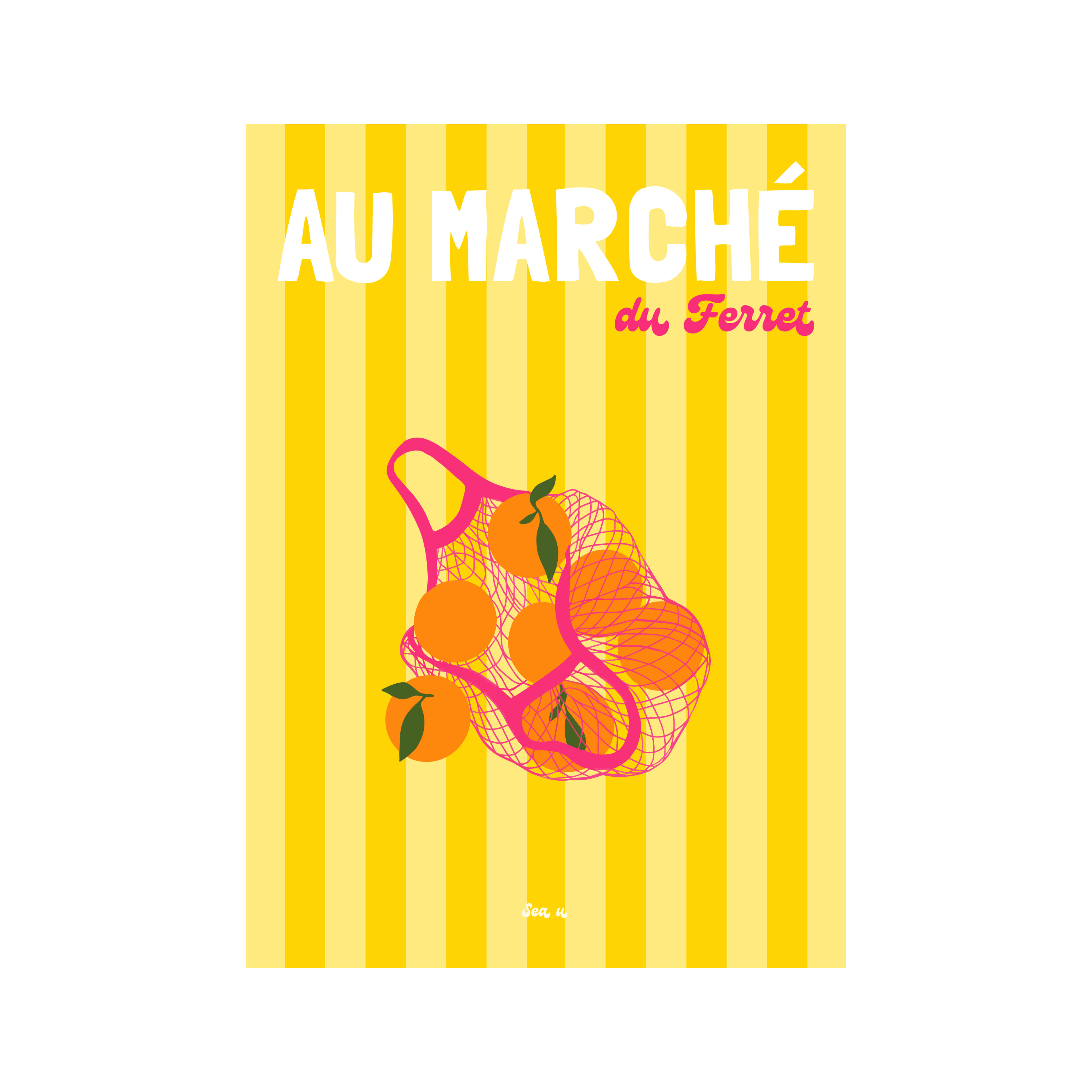 Affiche rétro jaune et rose inspirée du marché du Cap Ferret avec oranges et sac filet coloré