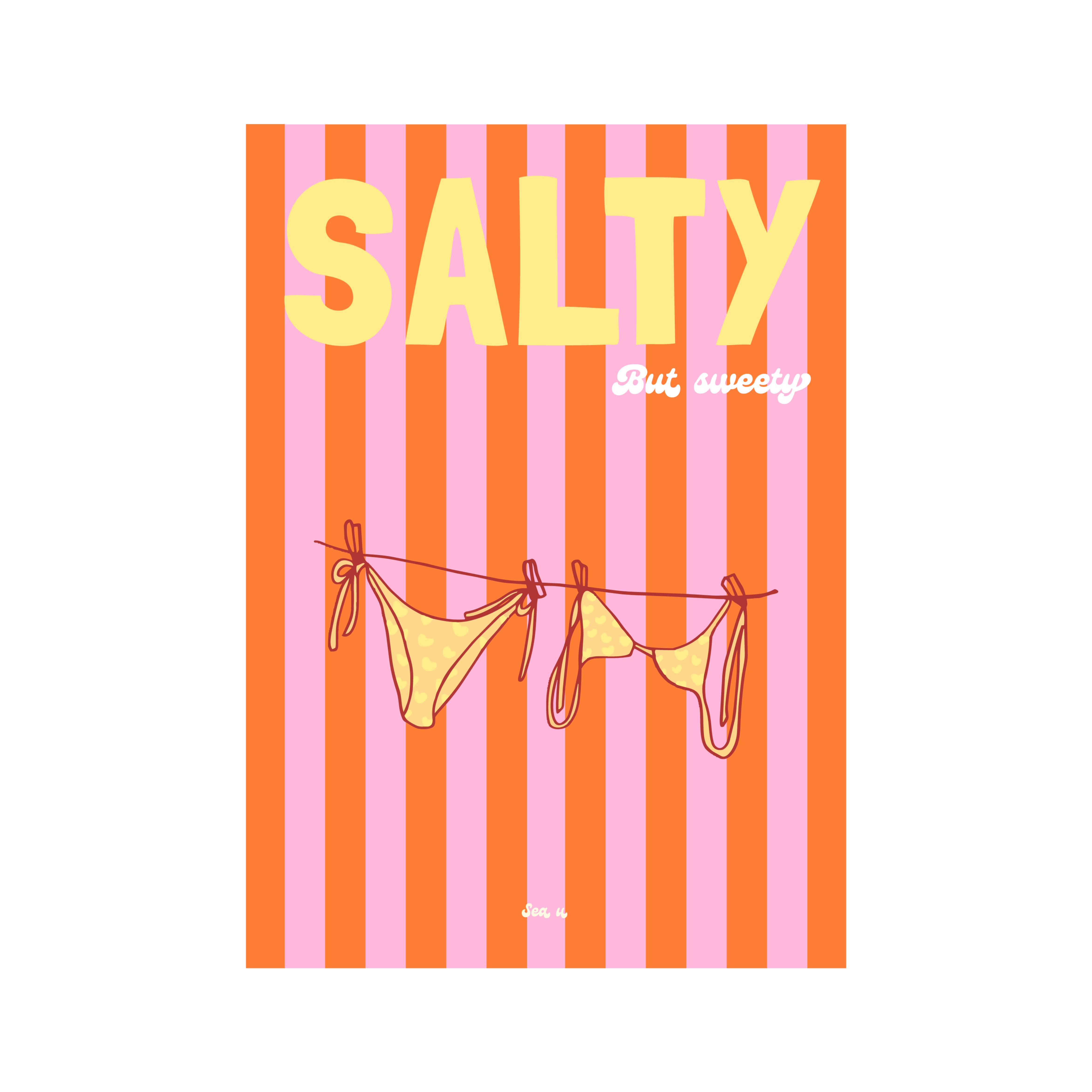Affiche rétro colorée orange et rose avec bikini suspendu style bord de mer et surf été