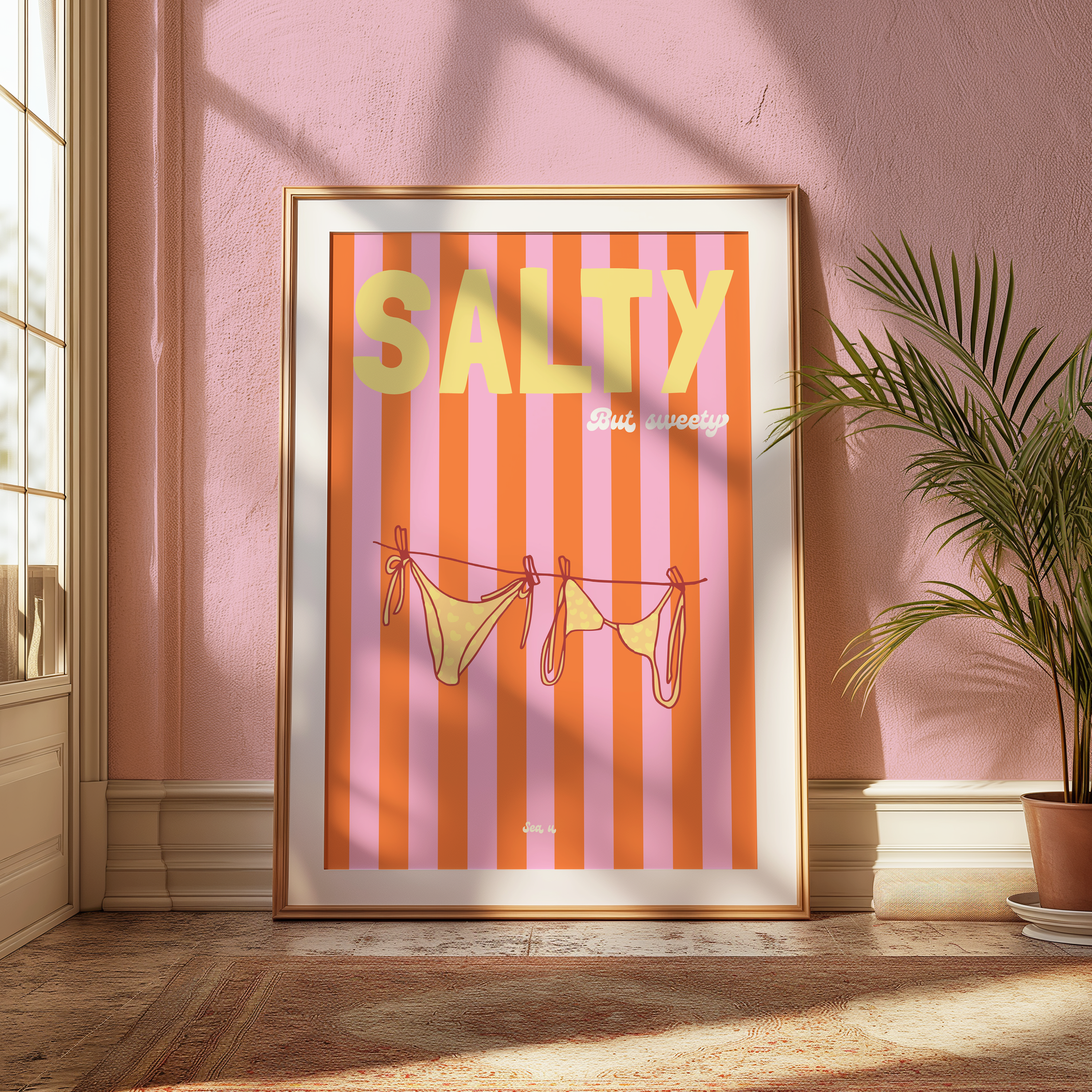 Affiche rétro colorée orange et rose avec bikini suspendu style bord de mer et surf été